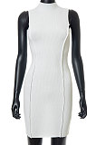 Euramerican Women Pure Color Round Neck Sleeveless Package Buttocks Slim Fitting Mini Dress FWB211