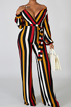 Stripe Fashion Sexy Digital Printing V Neck Wide Leg Jumpsuits SMR10324-2