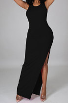 Balck Pure Color Sexy Sleeveless Open Fork Back Hollow Out Long Dress JP1046-1