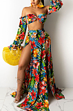 Black Red Flower  Fashion Sexy Digital Print Boob Tube Top Spliced Women Two Piece SMR10341-2