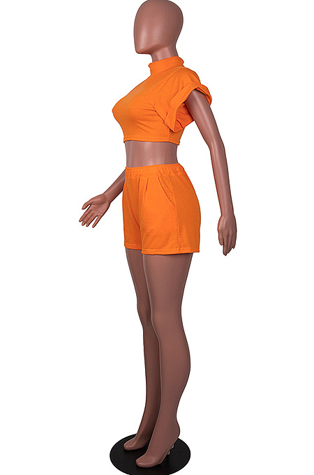 Orange Full  Sleeve Round Neck Dew Waist Pure Color Fashion Two Piece SZS8072-1