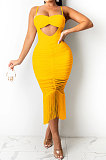 Yellow Pure Color Fashion Women Sexy Condole Belt Chest Wrap Hollow Out Tassel Midi Dress XZ5225-3