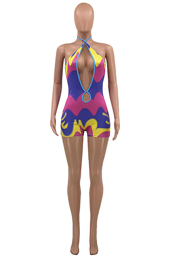 Gradient Summer Fashion Print Knotted Strap Backless Jumpsuits OEP6298-1