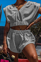 Grey Fashion Sexy Zipper Midriff Loose Shorts Two Piece WY6826-2
