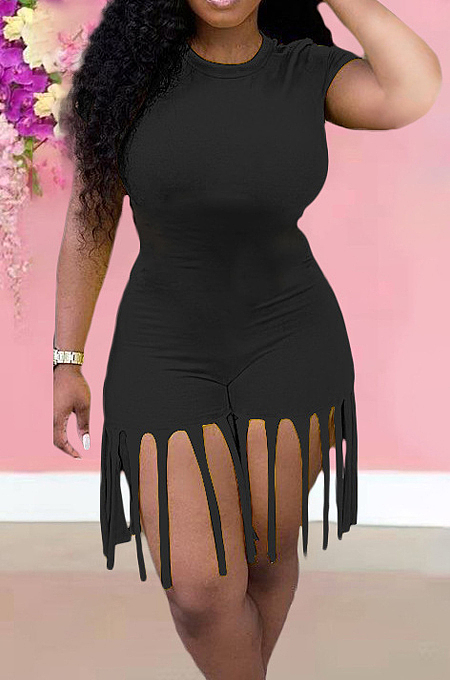 Black Summer Casual Pure Color Tassel Jumpsuits KSN8089-1