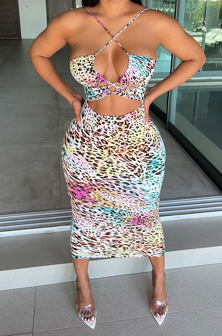 Pink Women Sexy Casual Bandage Condole Belt Printing Midi Dress JP1048-1