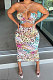 Pink Women Sexy Casual Bandage Condole Belt Printing Midi Dress JP1048-1