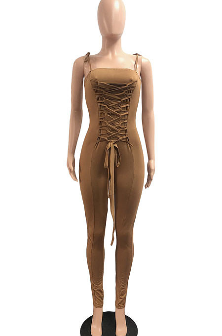 Brwon Women Casual Pure Color Back Ruffle Condole Belt Bandage Bodycon Jumpsuits JP1050-2