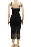 Black Pure Color Fashion Women Sexy Condole Belt Chest Wrap Hollow Out Tassel Midi Dress XZ5225-1