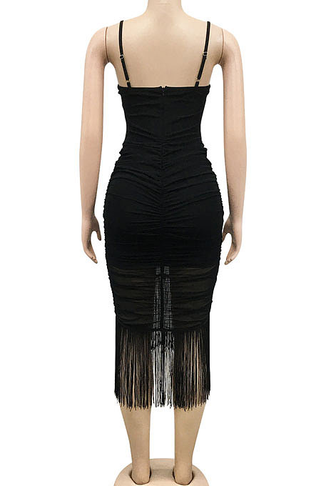 Black Pure Color Fashion Women Sexy Condole Belt Chest Wrap Hollow Out Tassel Midi Dress XZ5225-1