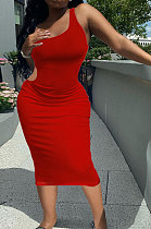 Red Pure Color One Shoulder Back Hollow Out Screw Thread Midi Dress XQ1133-1