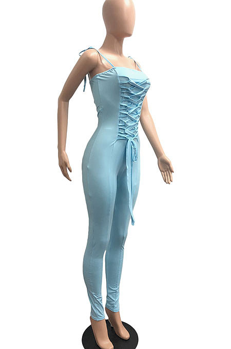 Light Blue Women Casual Pure Color Back Ruffle Condole Belt Bandage Bodycon Jumpsuits JP1050-4