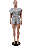 Grey Fashion Sexy Zipper Midriff Loose Shorts Two Piece WY6826-2