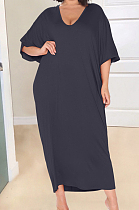 Black Fashion Pure Color Deep V Neck Loose Casual Long Dress YX9289-3
