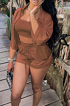 Light Brown High Elastic Satin Wave Edge Spininess Rubber String Pull A Wrinkled Shirt Shorts Three Piece SZS8036-4