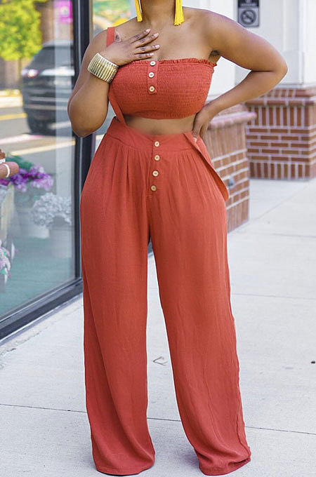 Women Chest Wrap Suspender Trousers Pure Color Pants Sets MQX23580