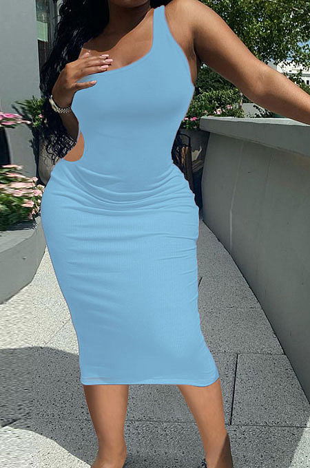 Sky Blue Pure Color One Shoulder Back Hollow Out Screw Thread Midi Dress XQ1133-4
