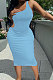 Sky Blue Pure Color One Shoulder Back Hollow Out Screw Thread Midi Dress XQ1133-4