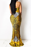 Dark Yellow Fashion Sleeveless Chain Chest Binding Bodycon Open Fork Long Dress XZ5166-3