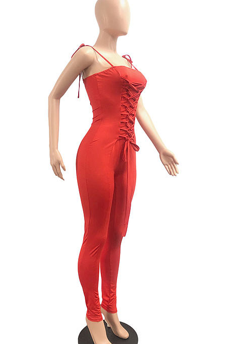 Red Women Casual Pure Color Back Ruffle Condole Belt Bandage Bodycon Jumpsuits JP1050-3