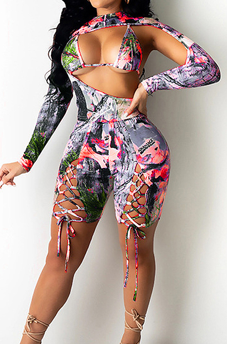 Red Digetal Printing Strapless Backless Drawsting Two Piece SZS8079-2
