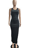 Balck Pure Color Sexy Sleeveless Open Fork Back Hollow Out Long Dress JP1046-1