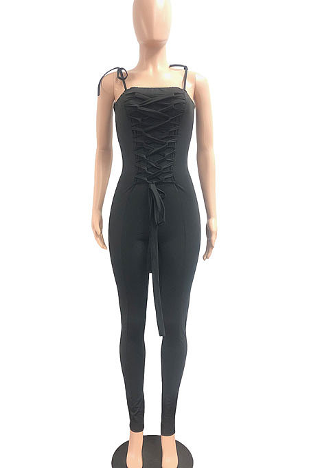 Black Women Casual Pure Color Back Ruffle Condole Belt Bandage Bodycon Jumpsuits JP1050-1