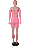 Pink Sexy Bandeau Bra Bind Flare Sleeve Net Yarn Fashion Two Piece SZS8067-1