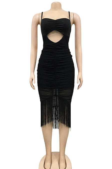 Black Pure Color Fashion Women Sexy Condole Belt Chest Wrap Hollow Out Tassel Midi Dress XZ5225-1