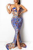 Blue Fashion Sleeveless Chain Chest Binding Bodycon Open Fork Long Dress XZ5166-2