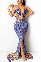 Blue Fashion Sleeveless Chain Chest Binding Bodycon Open Fork Long Dress XZ5166-2