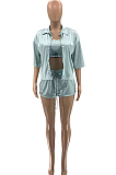 Light Cyan High Elastic Satin Wave Edge Spininess Rubber String Pull A Wrinkled Shirt Shorts Three Piece SZS8036-2