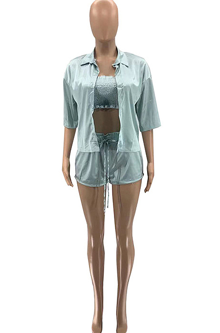 Light Cyan High Elastic Satin Wave Edge Spininess Rubber String Pull A Wrinkled Shirt Shorts Three Piece SZS8036-2