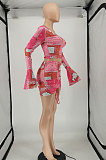 Multi Women Horn Sleeve  Long Sleeve Printing Skirts Sets SMY8106-1