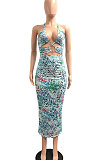 Light Blue Women Sexy Casual Bandage Condole Belt Printing Midi Dress JP1048-3