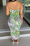 Light Green Women Sexy Casual Bandage Condole Belt Printing Midi Dress JP1048-2