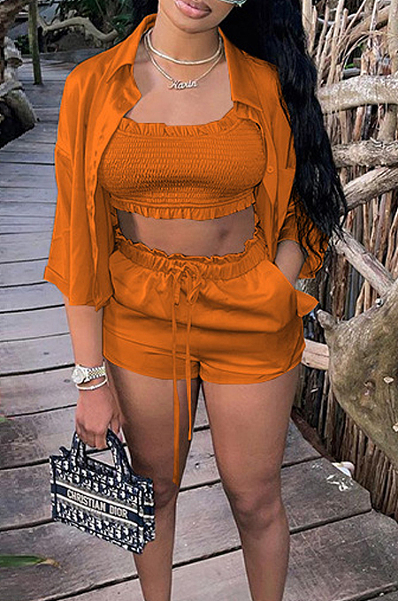 Orange High Elastic Satin Wave Edge Spininess Rubber String Pull A Wrinkled Shirt Shorts Three Piece SZS8036-5