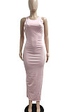 Pink Pure Color Sexy Sleeveless Open Fork Back Hollow Out Long Dress JP1046-2