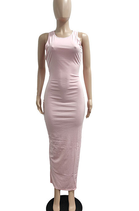 Pink Pure Color Sexy Sleeveless Open Fork Back Hollow Out Long Dress JP1046-2