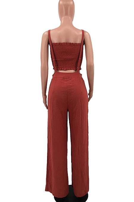 Women Chest Wrap Suspender Trousers Pure Color Pants Sets MQX23580