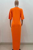 Orange Fashion Pure Color Deep V Neck Loose Casual Long Dress YX9289-1