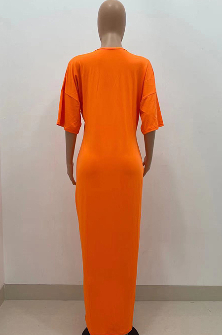 Orange Fashion Pure Color Deep V Neck Loose Casual Long Dress YX9289-1