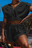 Black Fashion Sexy Zipper Midriff Loose Shorts Two Piece WY6826-3