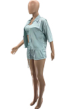 Light Cyan High Elastic Satin Wave Edge Spininess Rubber String Pull A Wrinkled Shirt Shorts Three Piece SZS8036-2