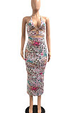 Pink Women Sexy Casual Bandage Condole Belt Printing Midi Dress JP1048-1