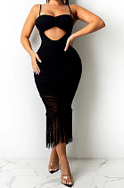 Black Pure Color Fashion Women Sexy Condole Belt Chest Wrap Hollow Out Tassel Midi Dress XZ5225-1