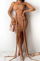 Khaki Sexy Bandeau Bra Bind Flare Sleeve Net Yarn Fashion Two Piece SZS8067-3