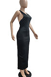 Balck Pure Color Sexy Sleeveless Open Fork Back Hollow Out Long Dress JP1046-1