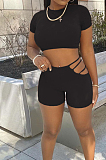 Black Casual Dew Waist Round Neck Slim Fitting T Shirts Shorts Two Piece SM9193-1