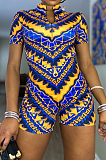Blue Yellow Summer Fashion Positioning Printing Slim Fitting Zipper Romper Shorts OEP6297-4